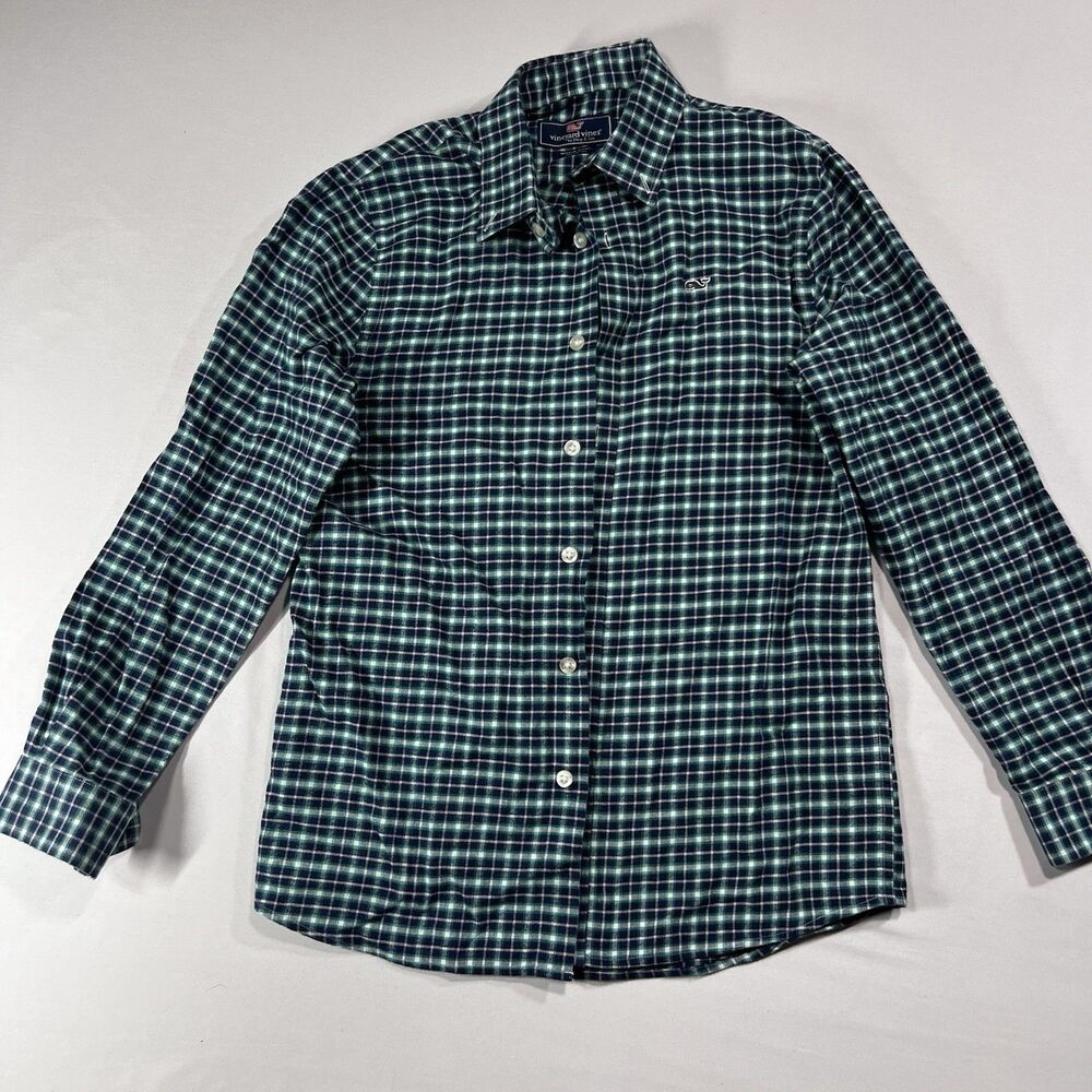 Vineyard Vines Boys M 12-14 Whale Shirt Flannel Green Blue Plaid Cotton Top